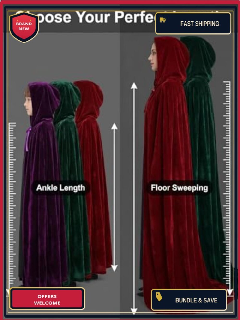 Velvet Hooded Cloak Cape Cosplay Costume Robe Halloween - Picture 4 of 6